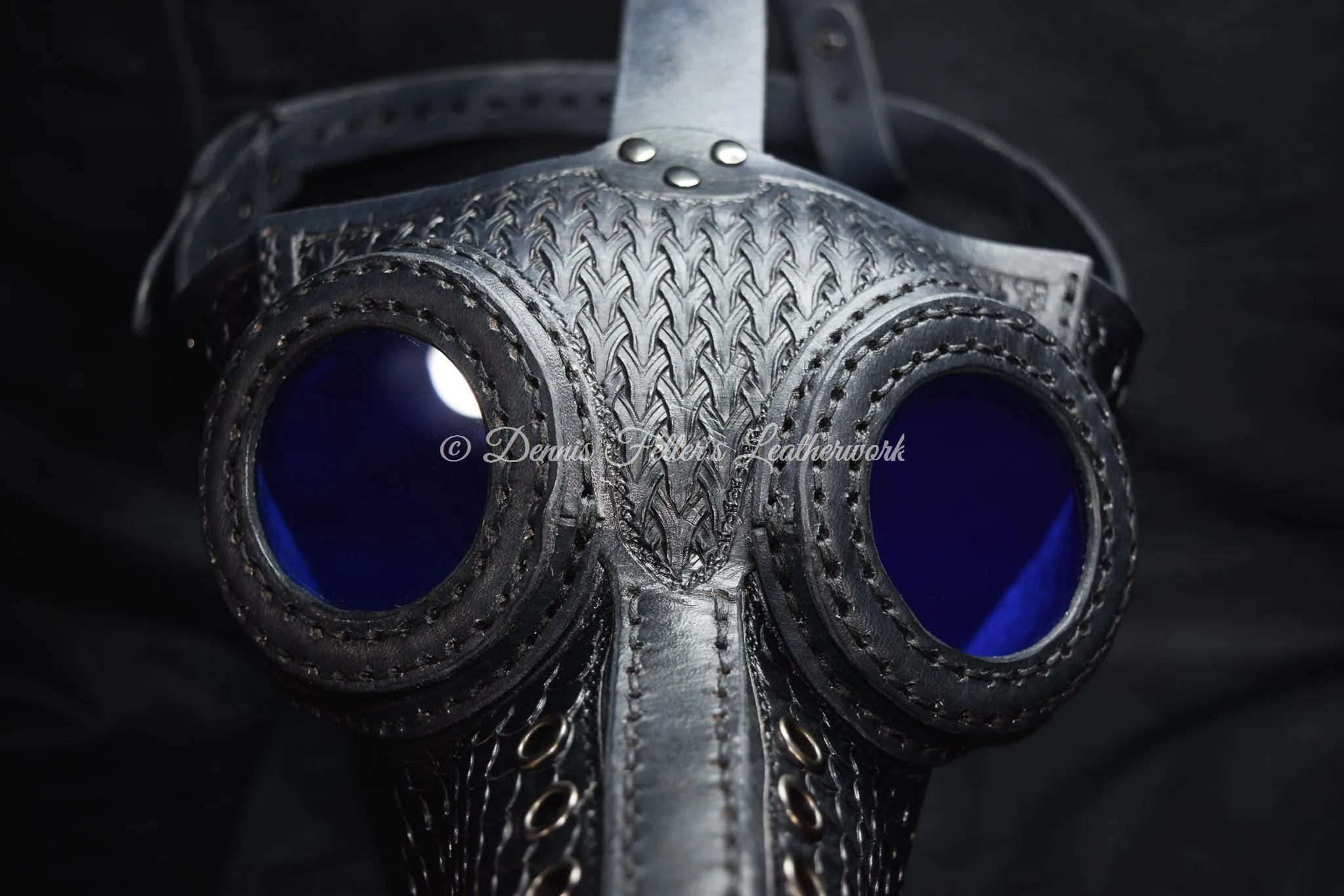 Big Plague Doctor mask Stamped Leather - Black - Wear over glasses (Choose lens color)