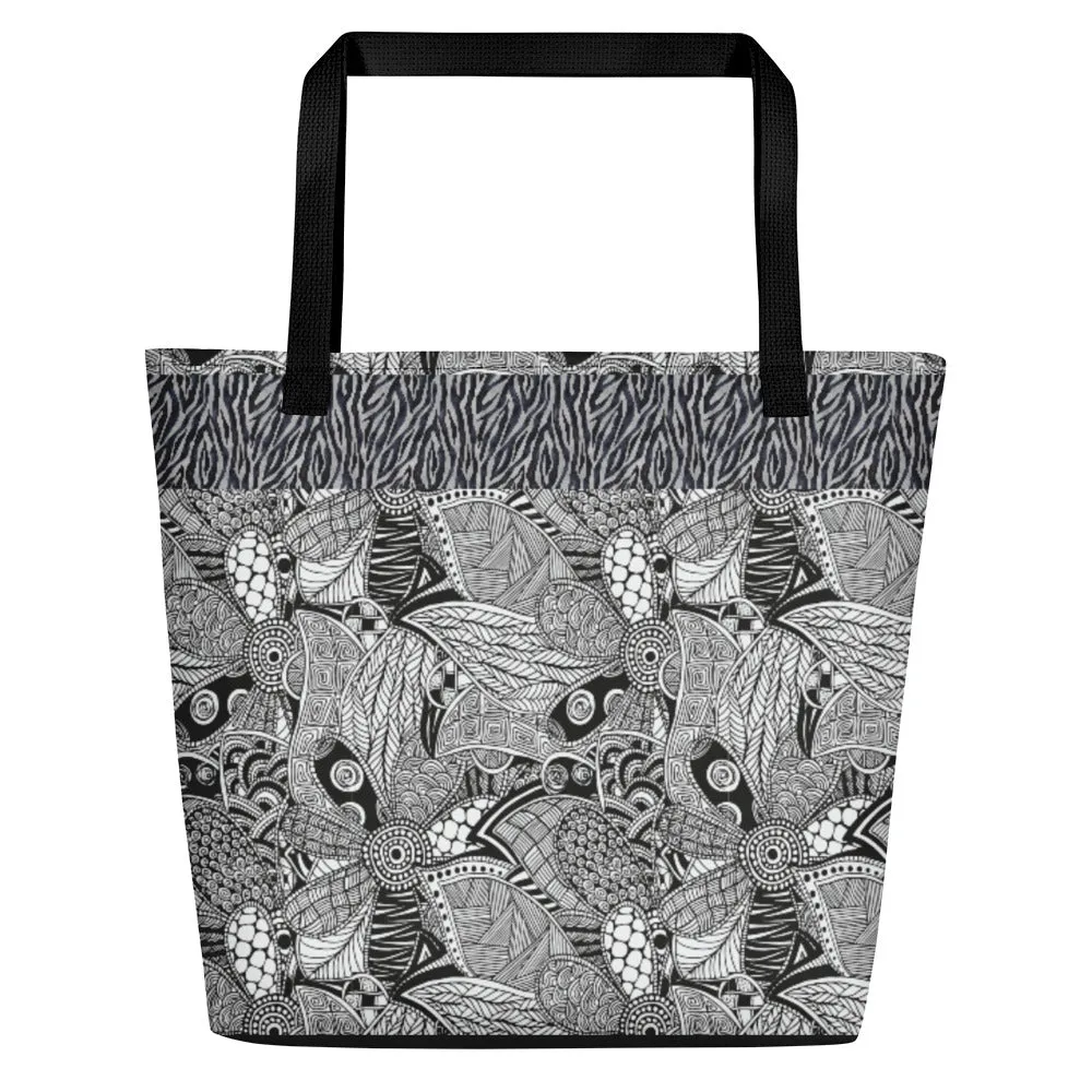 Black and White Doodles with Zebra - Beach Bag