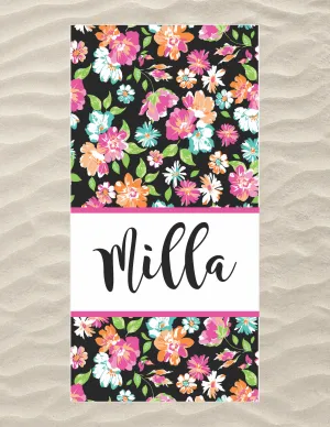 Black Floral Beach Towel