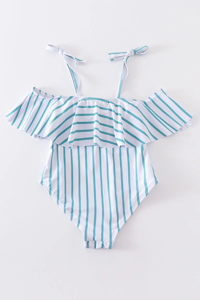 Blue Stripe Strap Girl Swimsuit One Piece Upf50 
