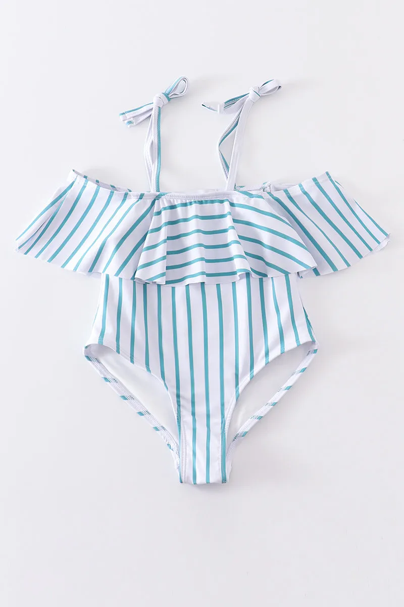 Blue Stripe Strap Girl Swimsuit One Piece Upf50 