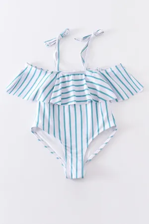 Blue Stripe Strap Girl Swimsuit One Piece Upf50 