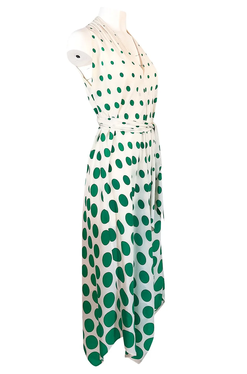 c.1972 Pauline Trigere Graduated Green Dots on Bias Cut Silk Dress