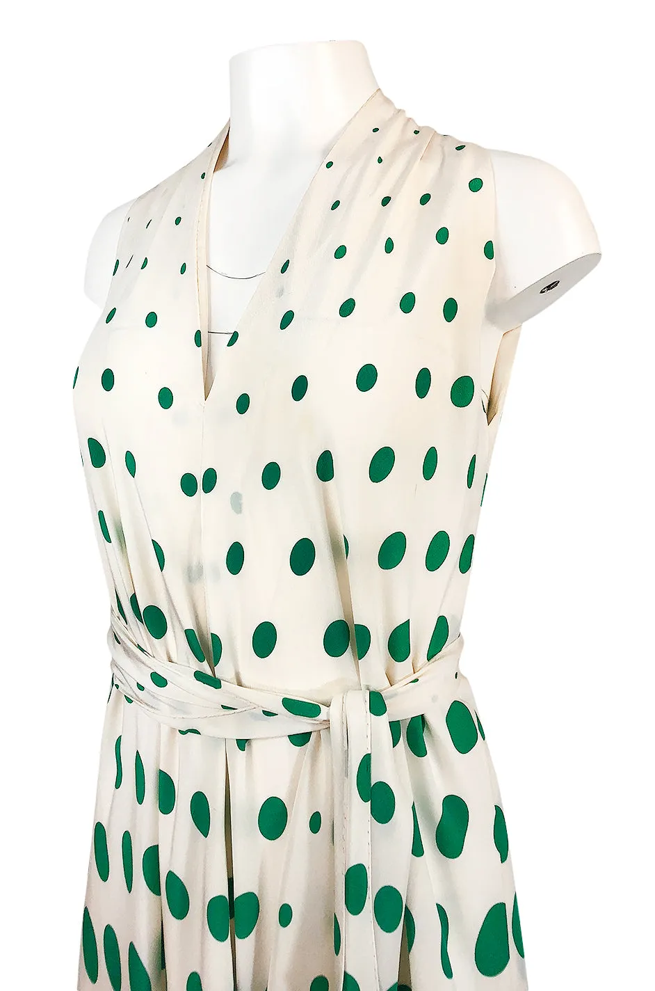 c.1972 Pauline Trigere Graduated Green Dots on Bias Cut Silk Dress