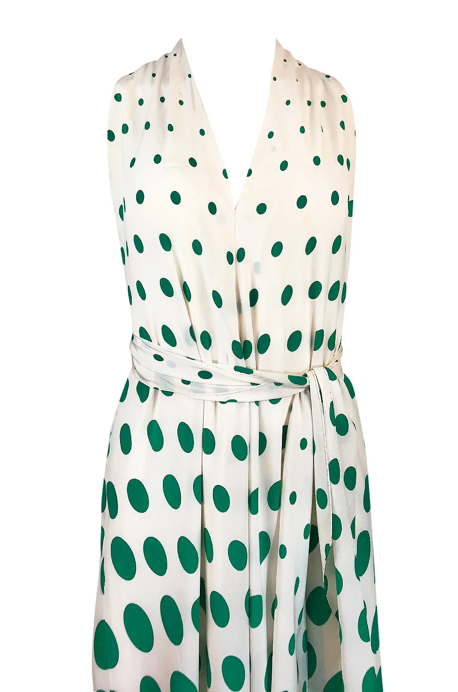 c.1972 Pauline Trigere Graduated Green Dots on Bias Cut Silk Dress