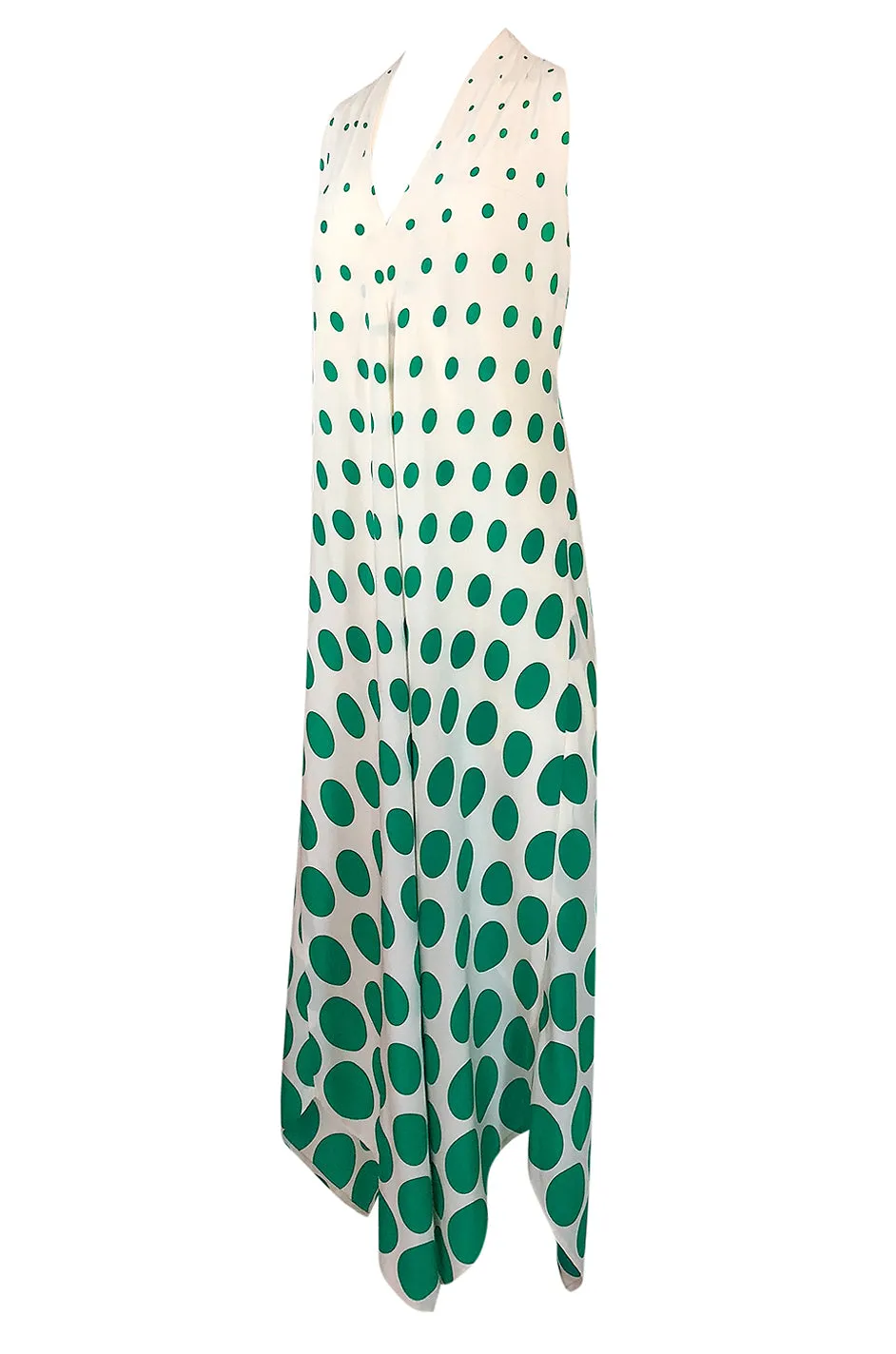 c.1972 Pauline Trigere Graduated Green Dots on Bias Cut Silk Dress