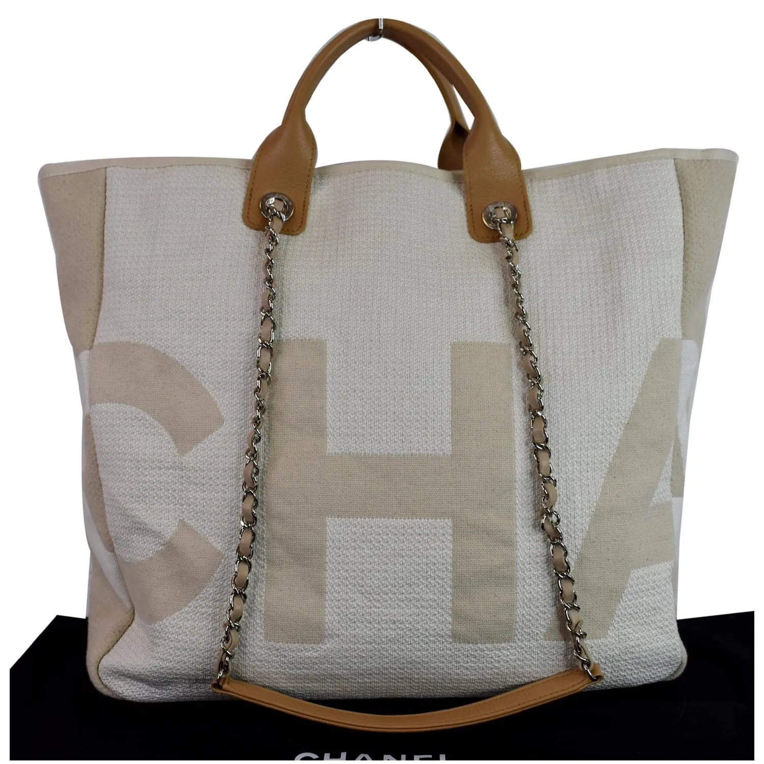 CHANEL 18P Deauville 2Way Logo Chain Shopping Tote Bag Beige