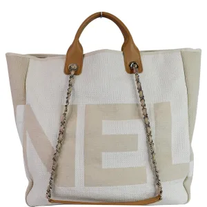 CHANEL 18P Deauville 2Way Logo Chain Shopping Tote Bag Beige