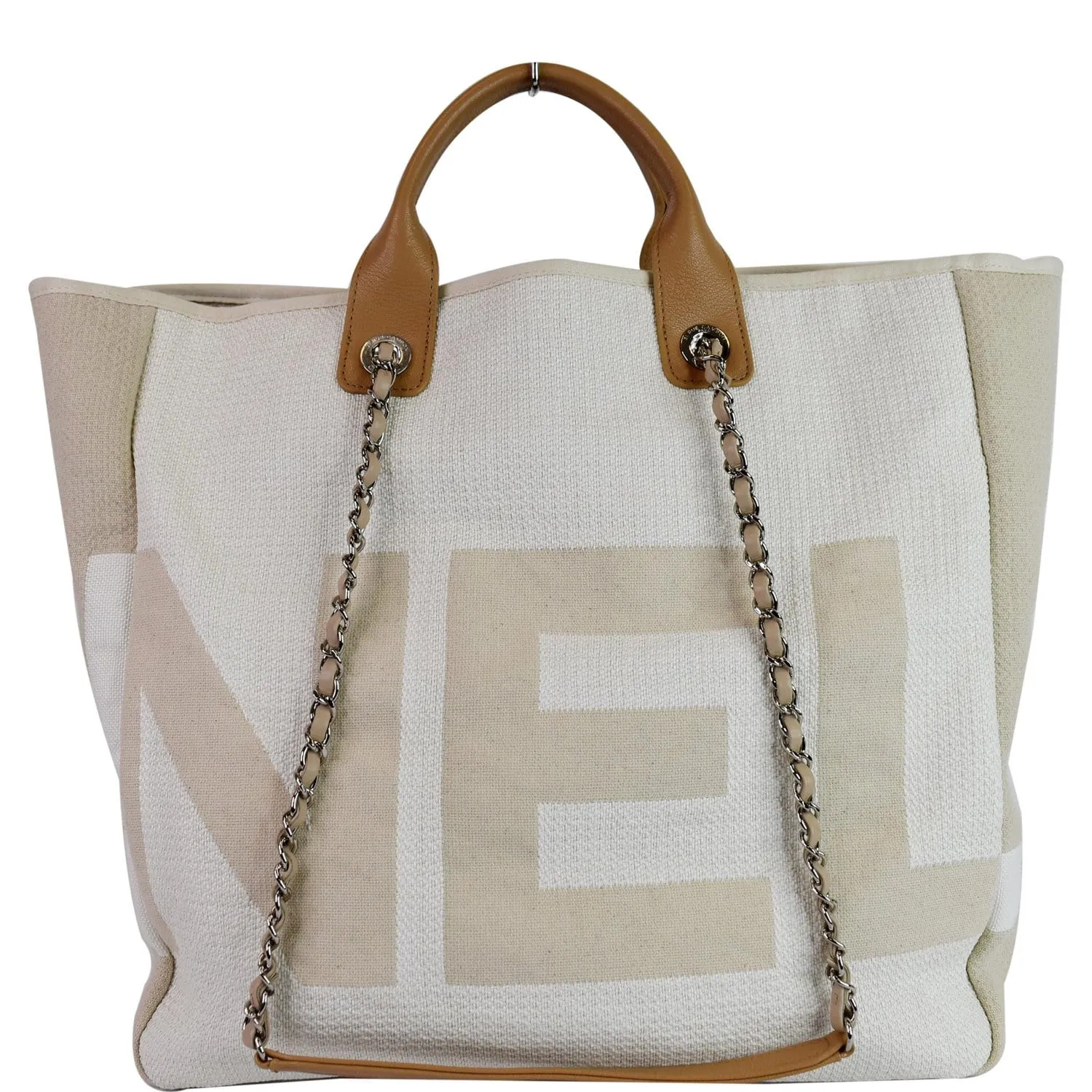 CHANEL 18P Deauville 2Way Logo Chain Shopping Tote Bag Beige