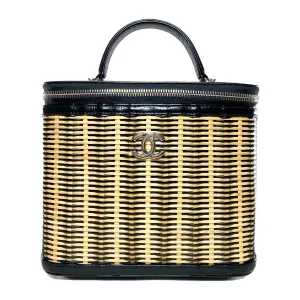 Chanel Beige Black Glazed Calfskin Raffia Take Away Vanity Case