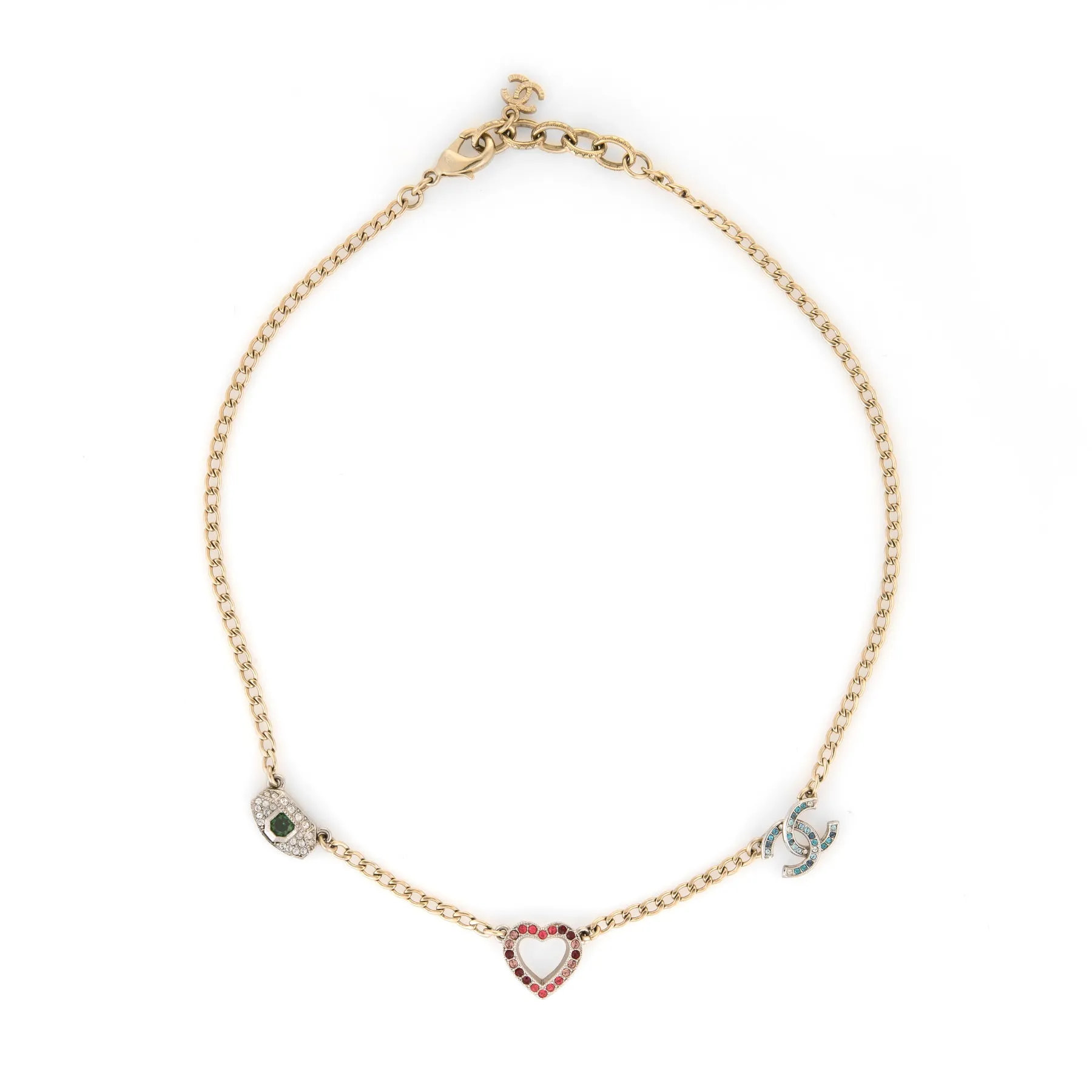 Chanel Charm Necklace CC Logo Heart Evil Eye Yellow Gold Tone