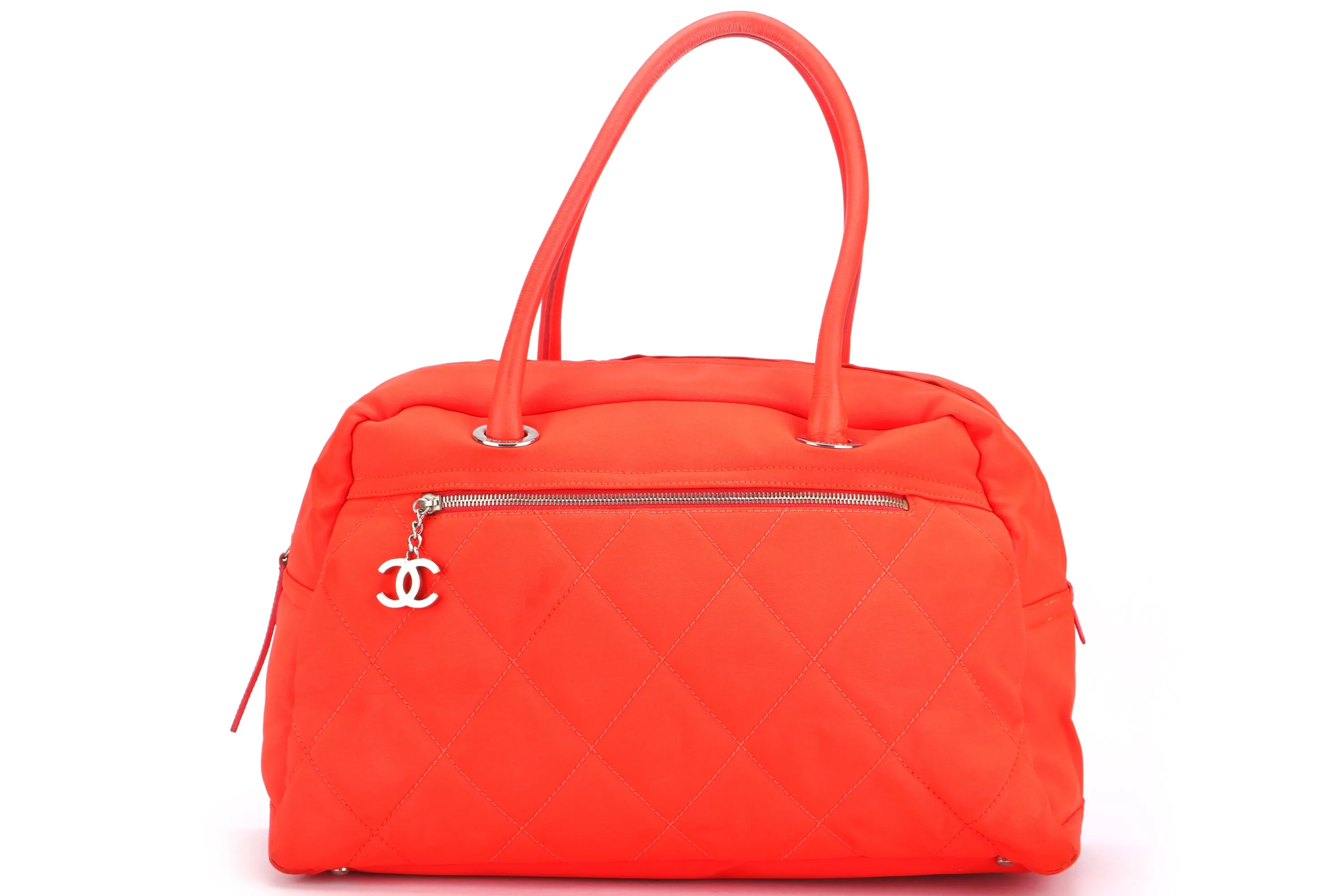CHANEL PARIS BIARRITZ NEON ORANGE NYLON BOWLER BAG (1221xxxx), WITH CARD