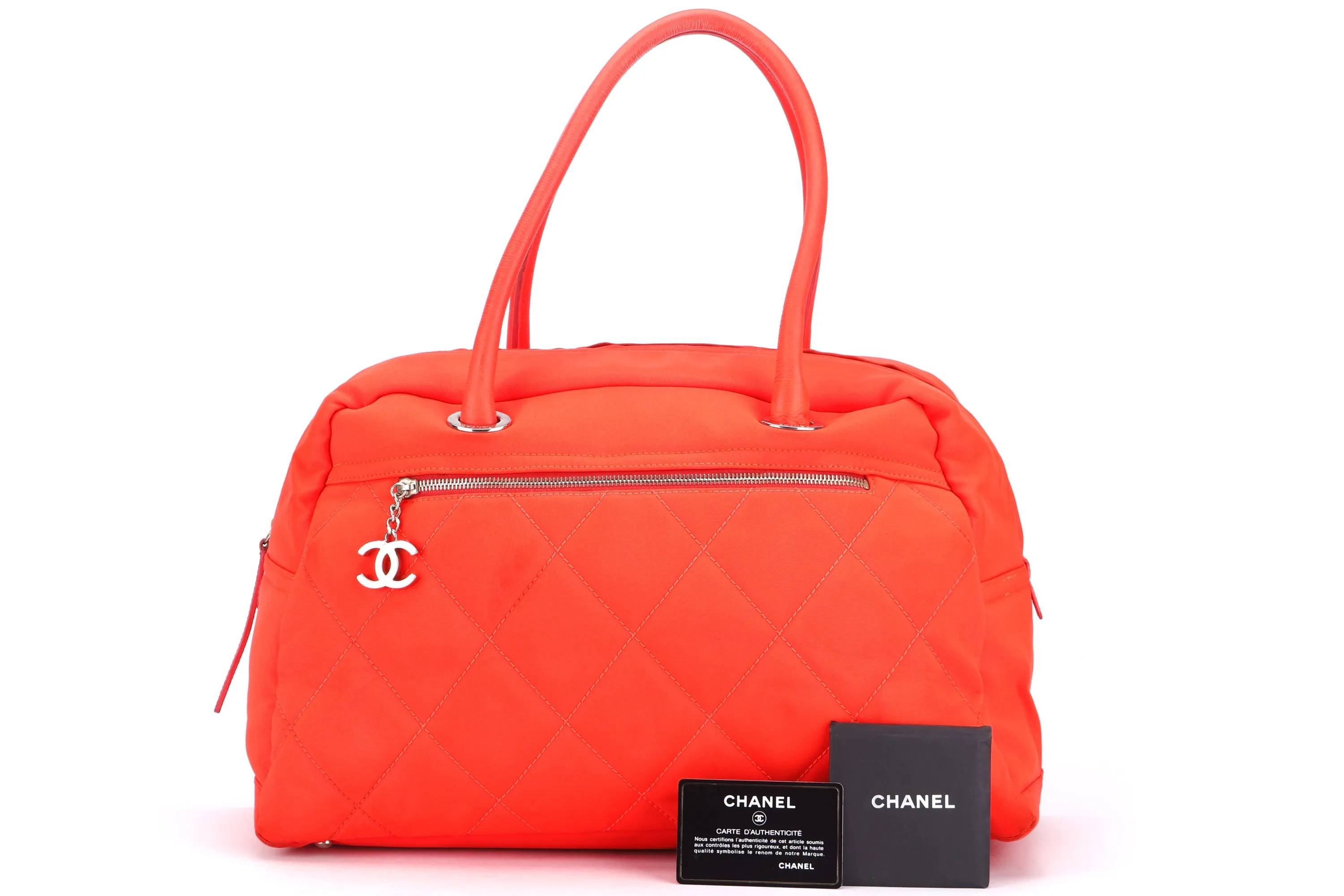 CHANEL PARIS BIARRITZ NEON ORANGE NYLON BOWLER BAG (1221xxxx), WITH CARD