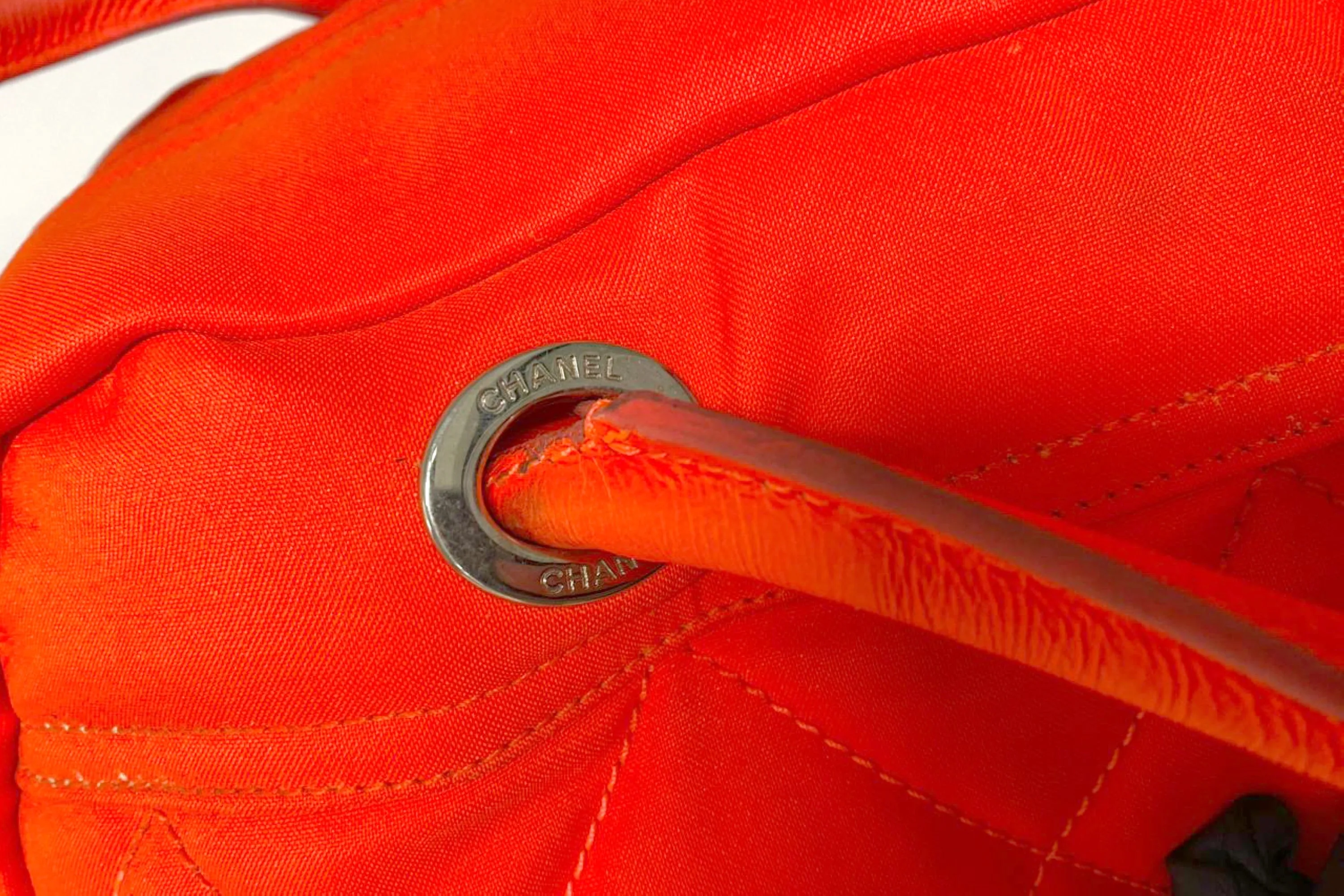 CHANEL PARIS BIARRITZ NEON ORANGE NYLON BOWLER BAG (1221xxxx), WITH CARD