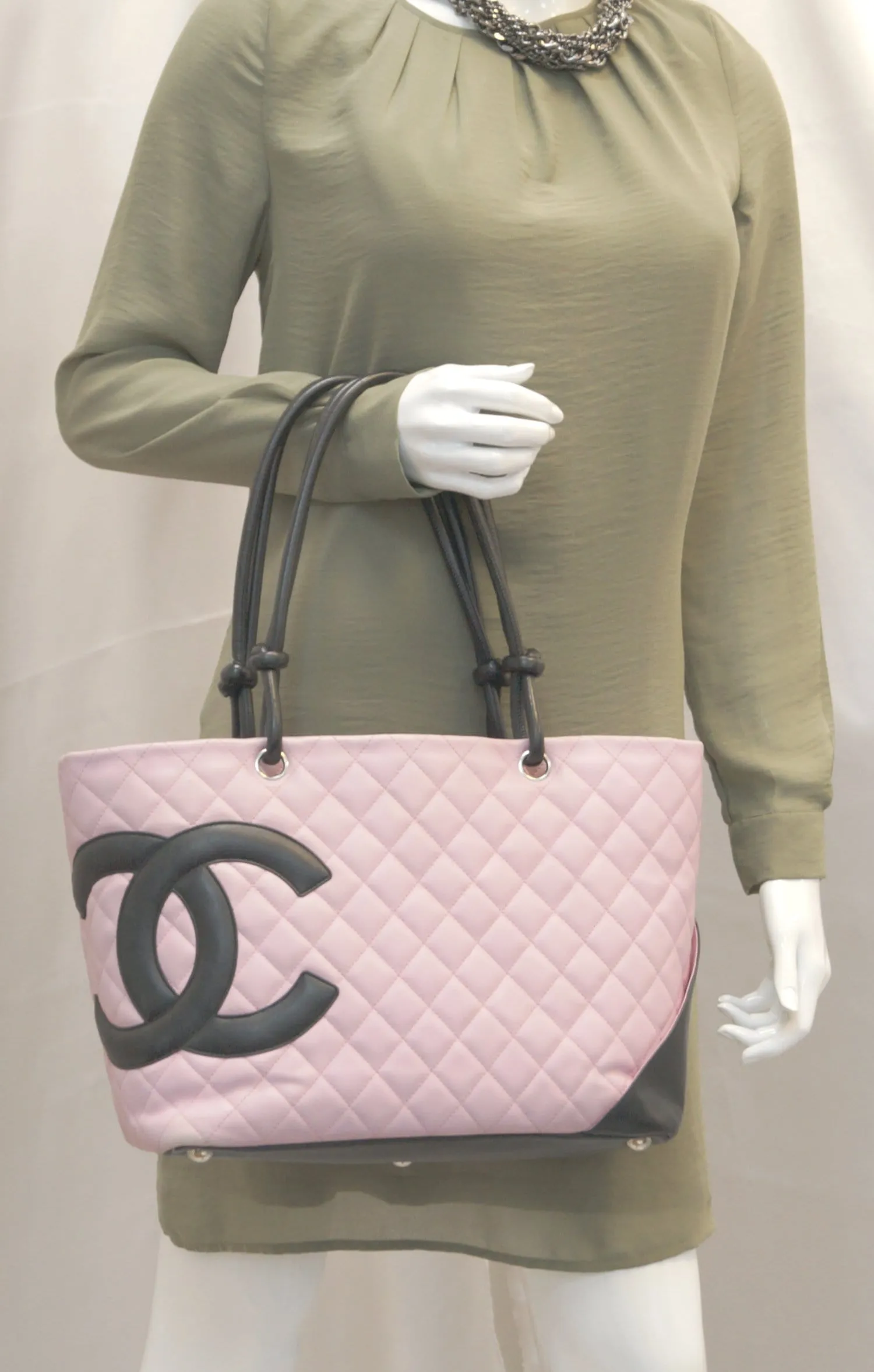 CHANEL Quilted Leather Pink/Black Cambon Tote Bag