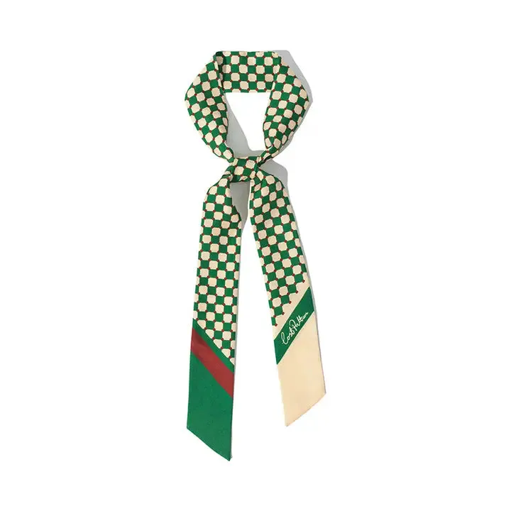 “Checkerboard” Silk Skinny Scarf - Green