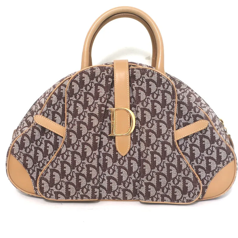 Christian Dior Double Saddle Bowler Bag Brown Diorissimo Canvas & Beige Leather