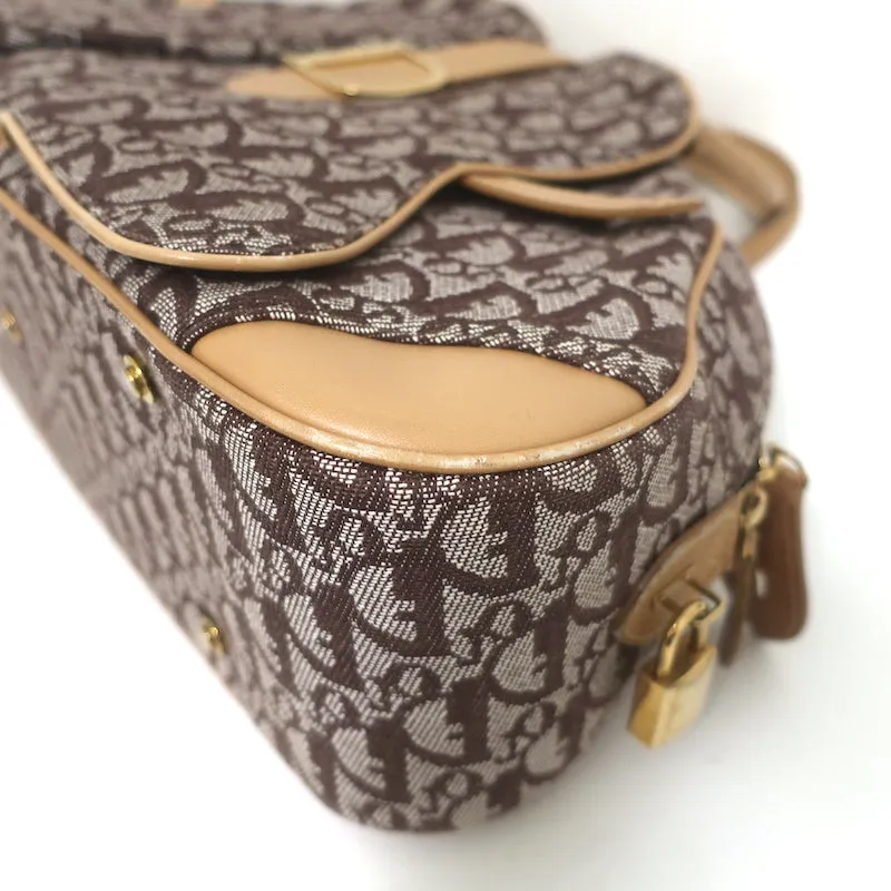 Christian Dior Double Saddle Bowler Bag Brown Diorissimo Canvas & Beige Leather