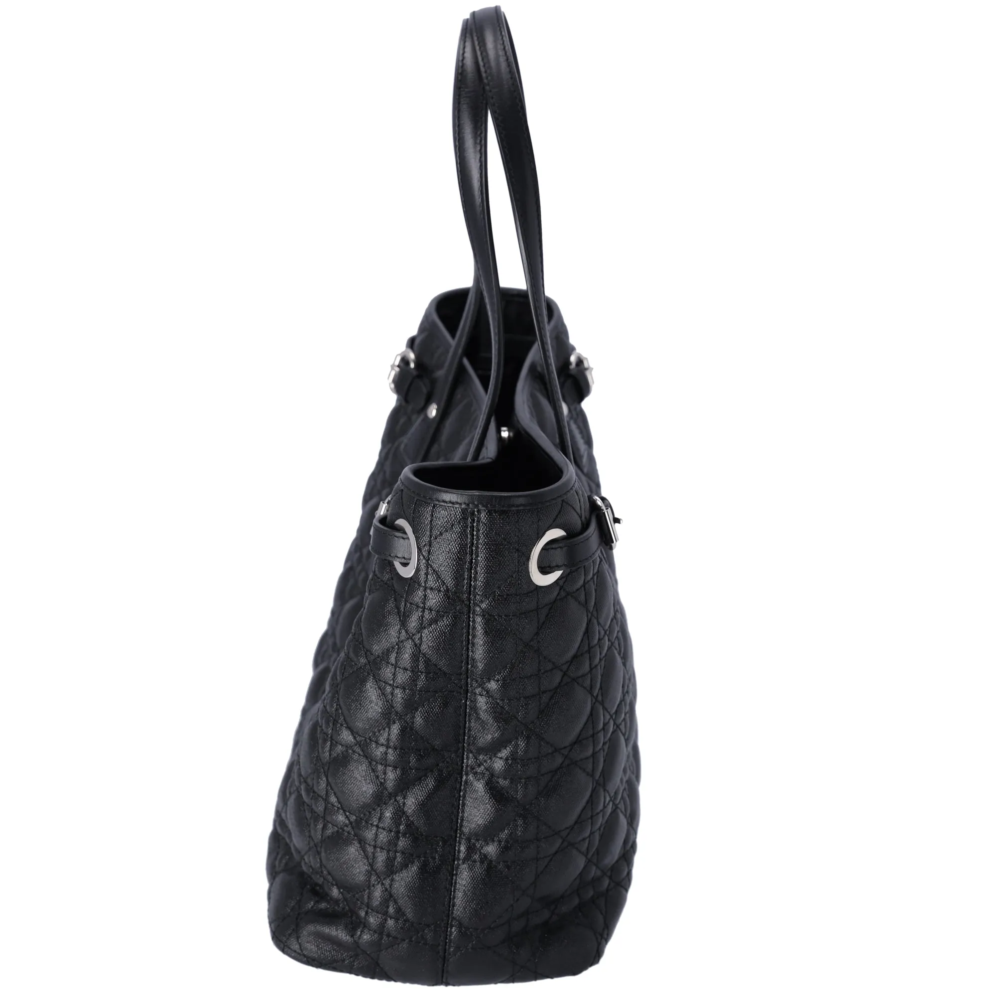 Christian Dior Panarea Tote Bag Black Coated Canvas Leather Quilted