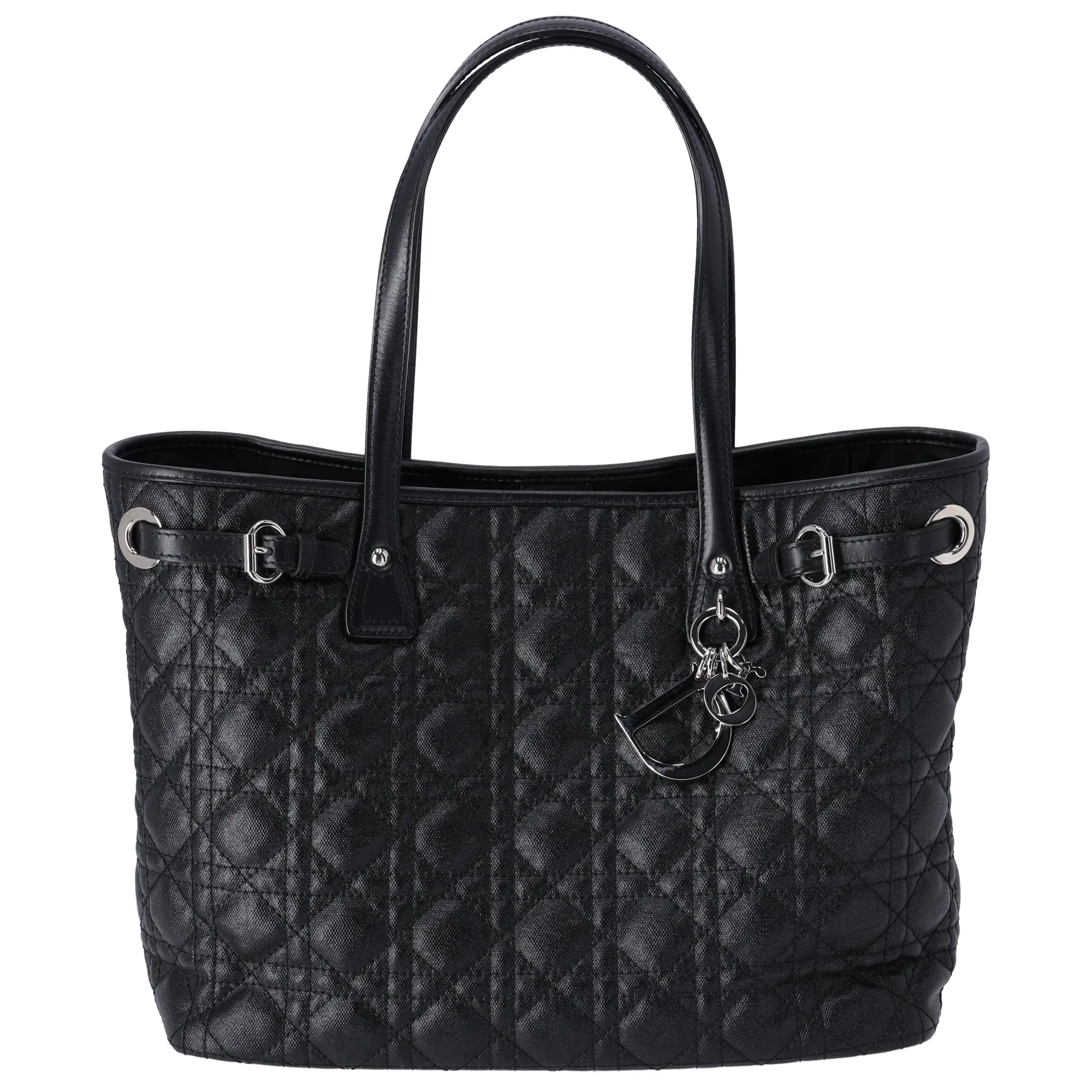 Christian Dior Panarea Tote Bag Black Coated Canvas Leather Quilted