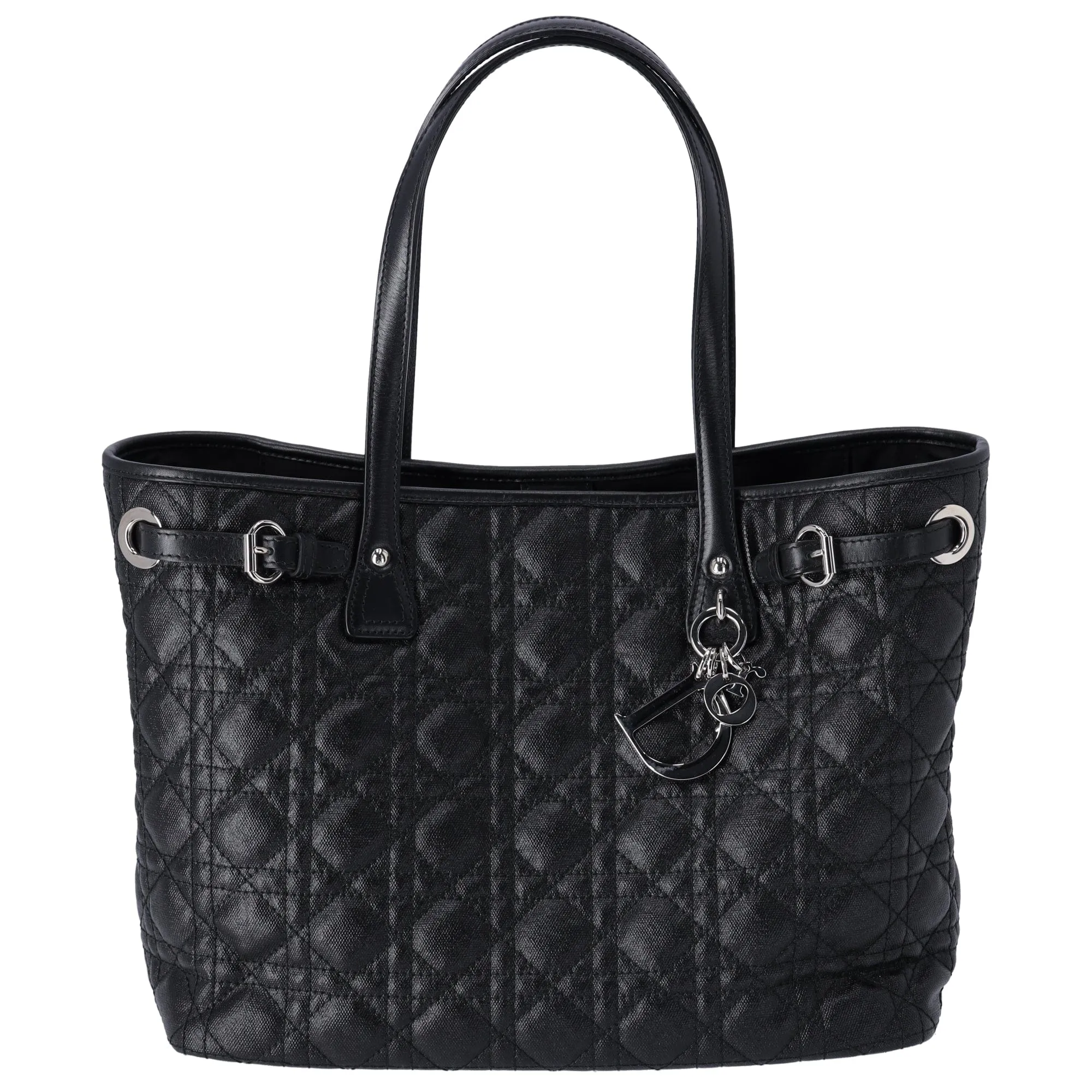 Christian Dior Panarea Tote Bag Black Coated Canvas Leather Quilted
