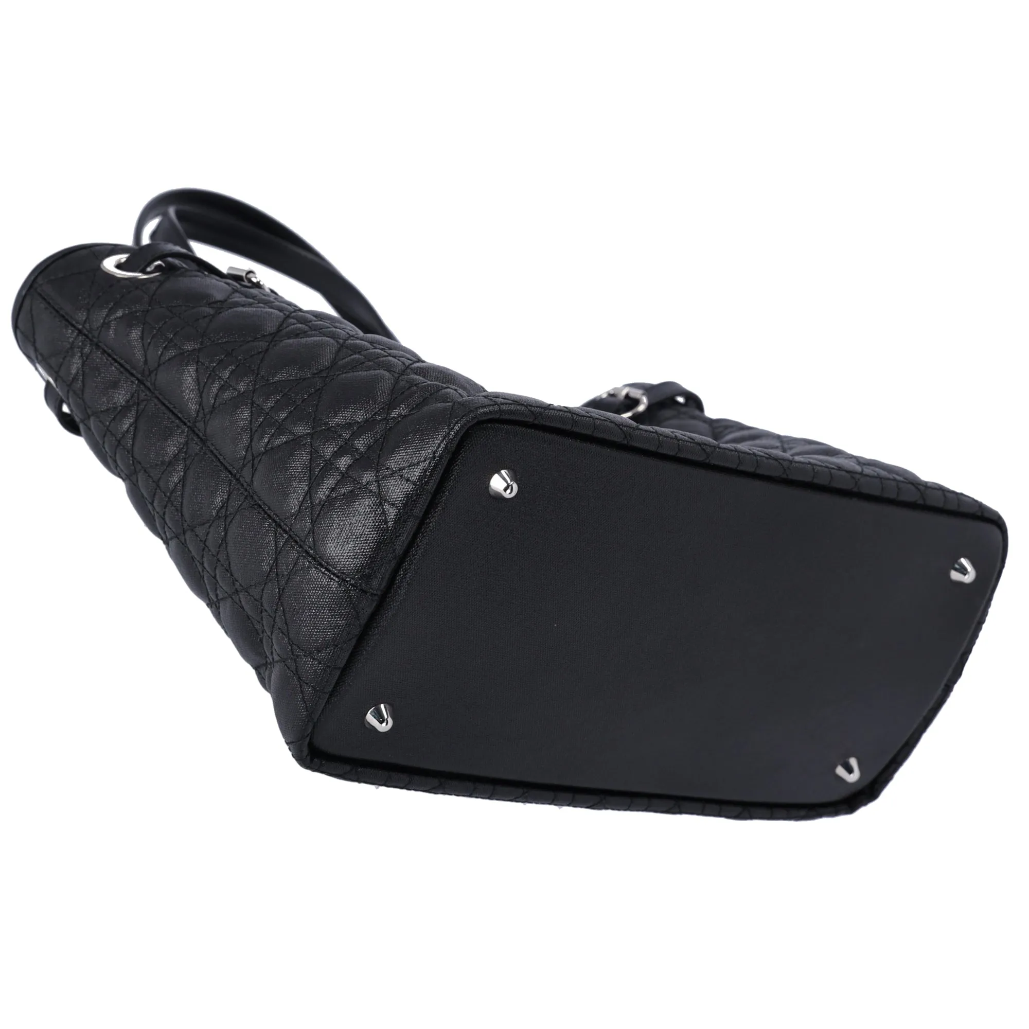 Christian Dior Panarea Tote Bag Black Coated Canvas Leather Quilted