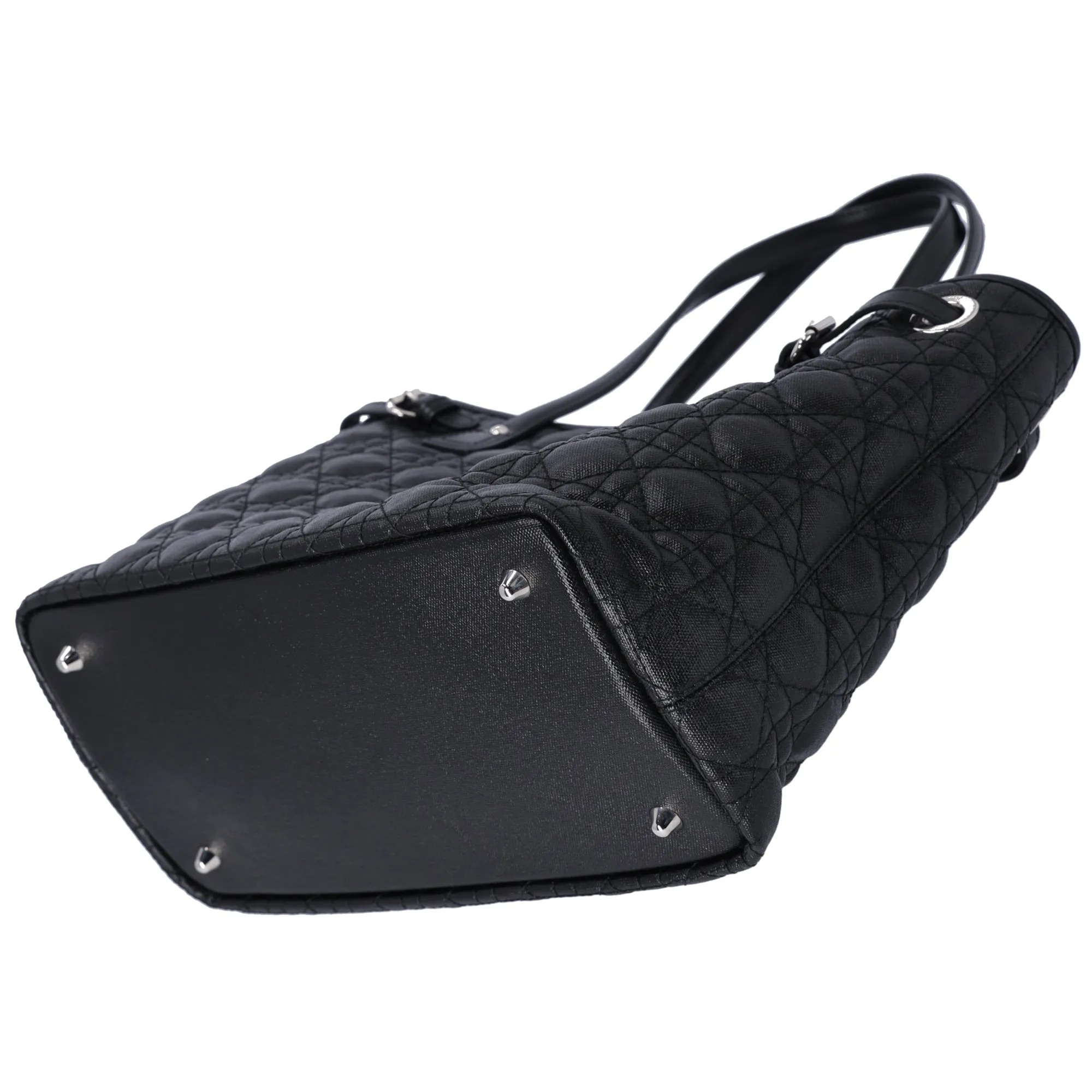 Christian Dior Panarea Tote Bag Black Coated Canvas Leather Quilted