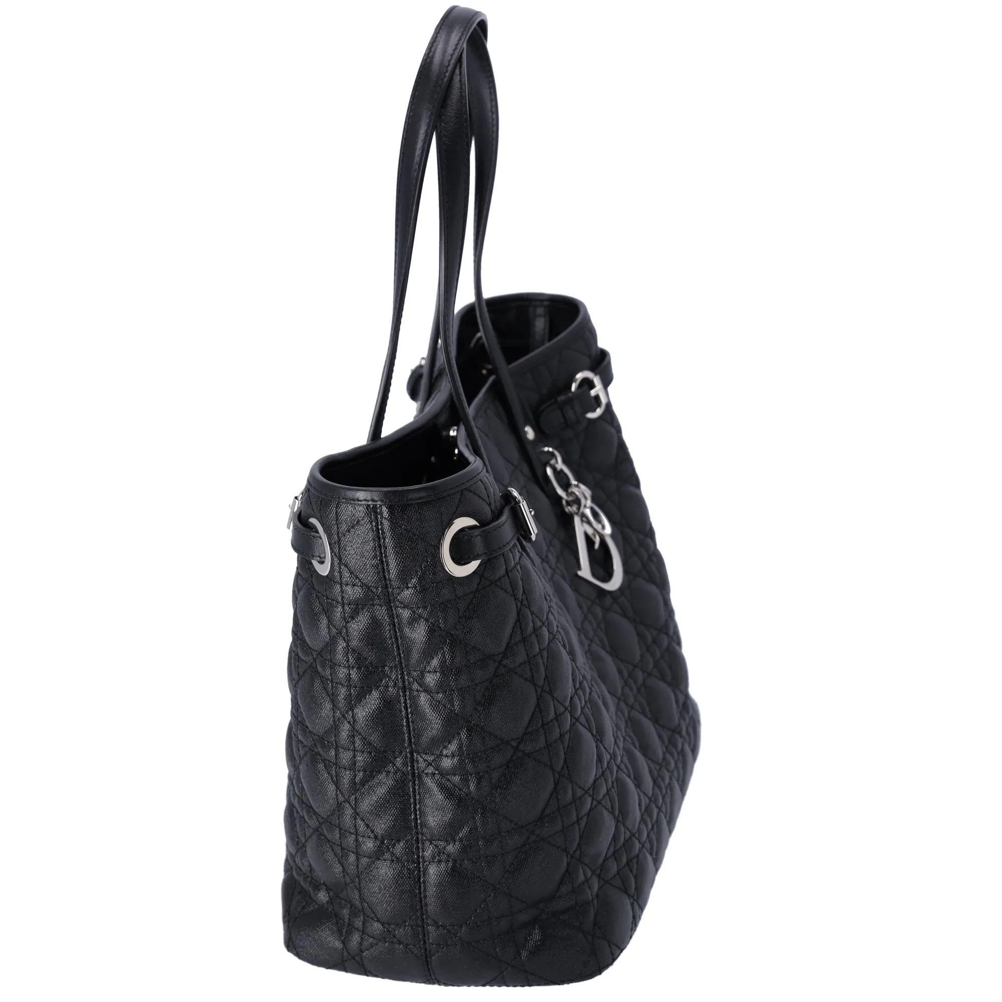 Christian Dior Panarea Tote Bag Black Coated Canvas Leather Quilted
