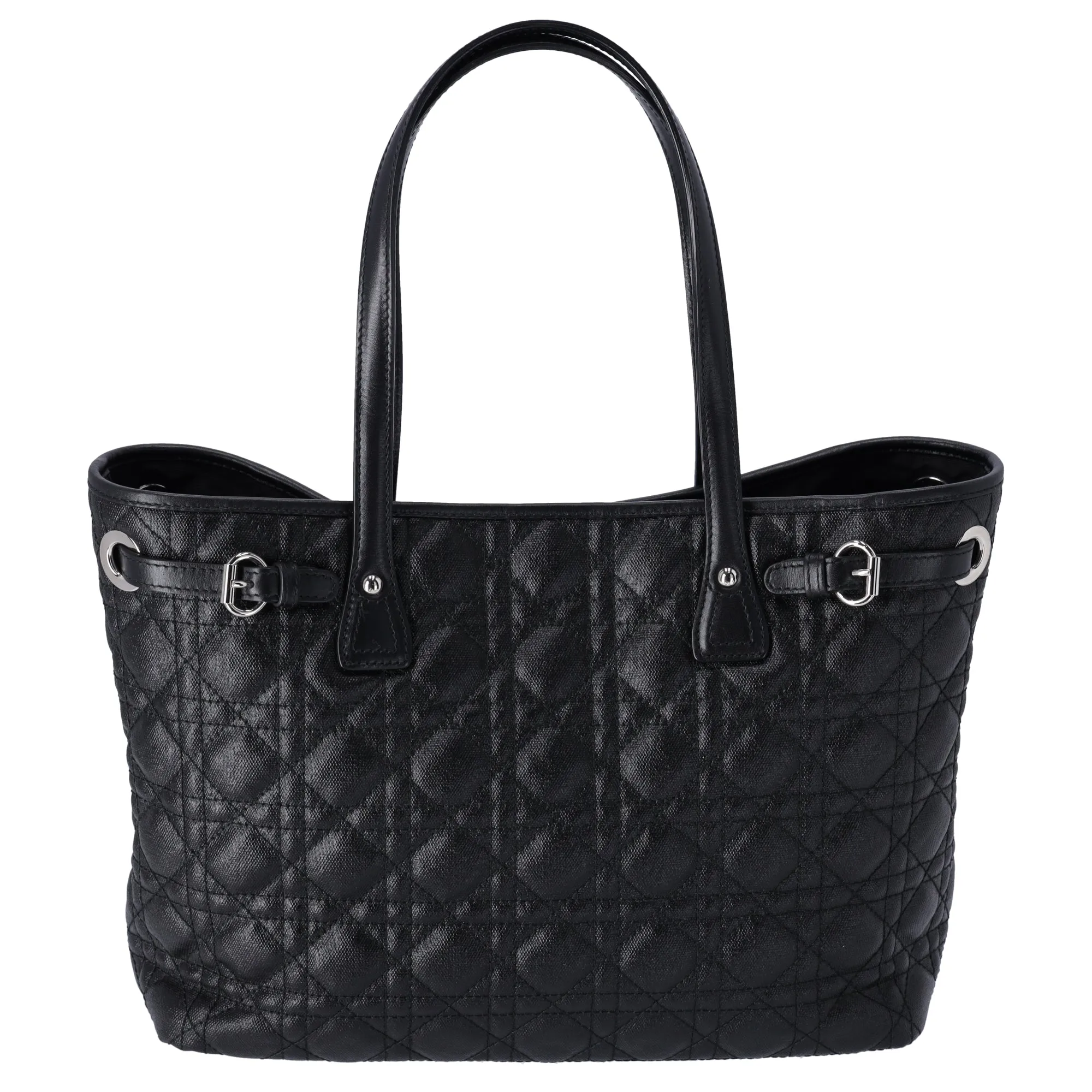 Christian Dior Panarea Tote Bag Black Coated Canvas Leather Quilted