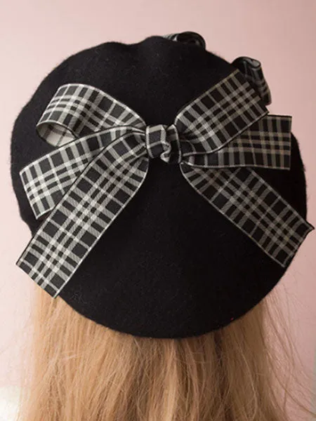 Classic Lolita Beret Plaid Bow Wool Burgundy Lolita Bowler Hat