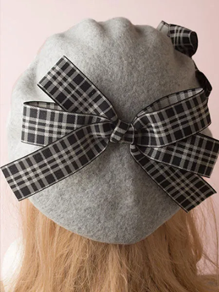 Classic Lolita Beret Plaid Bow Wool Burgundy Lolita Bowler Hat