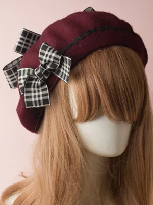 Classic Lolita Beret Plaid Bow Wool Burgundy Lolita Bowler Hat