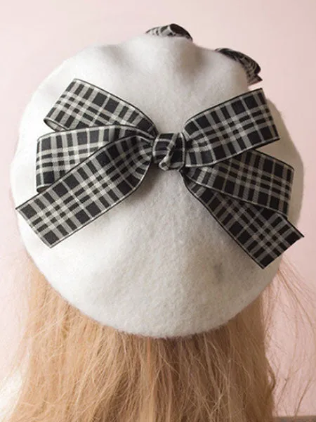 Classic Lolita Beret Plaid Bow Wool Burgundy Lolita Bowler Hat