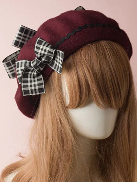 Classic Lolita Beret Plaid Bow Wool Burgundy Lolita Bowler Hat