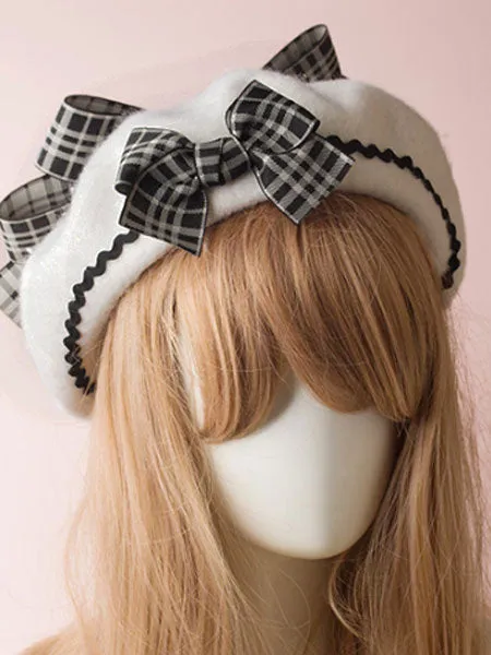 Classic Lolita Beret Plaid Bow Wool Burgundy Lolita Bowler Hat