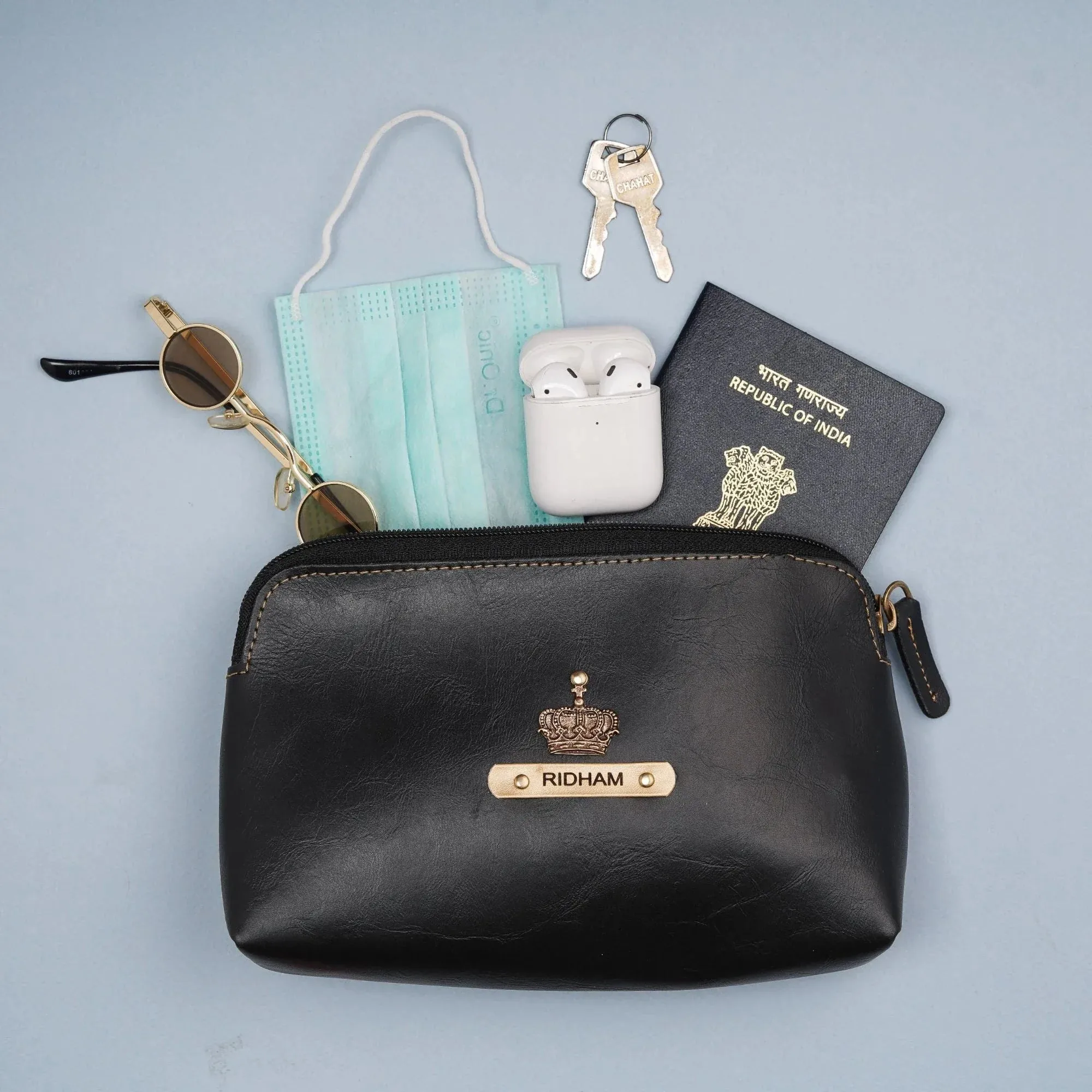 Classy Leather Customized Mutlipurpose Large Travel/Vanity/Make - up Pouch (Black)