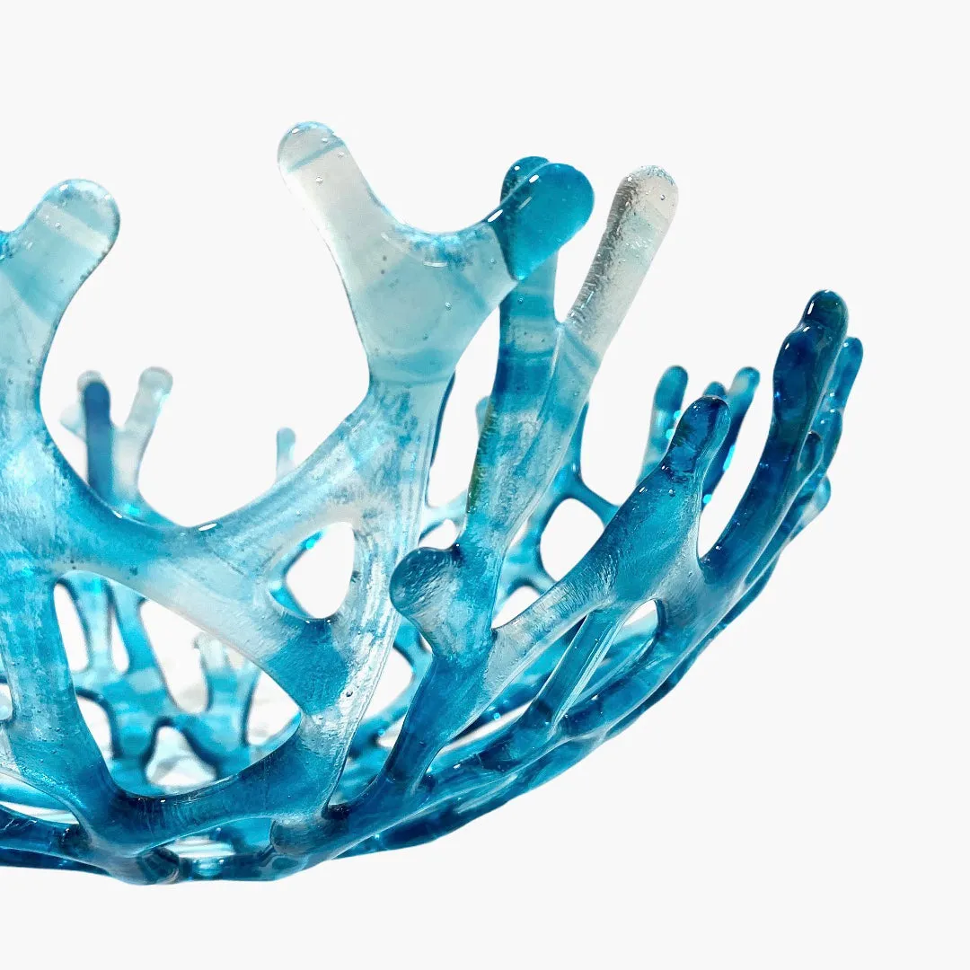Coral Branch Bowl | Large Aqua Blue and Clear Streaky Glass