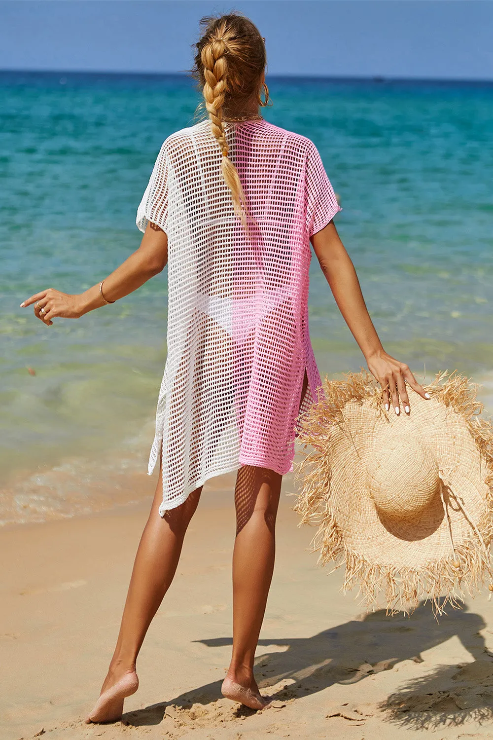Double Take Openwork Contrast Slit Knit Cover Up (6 Colors)