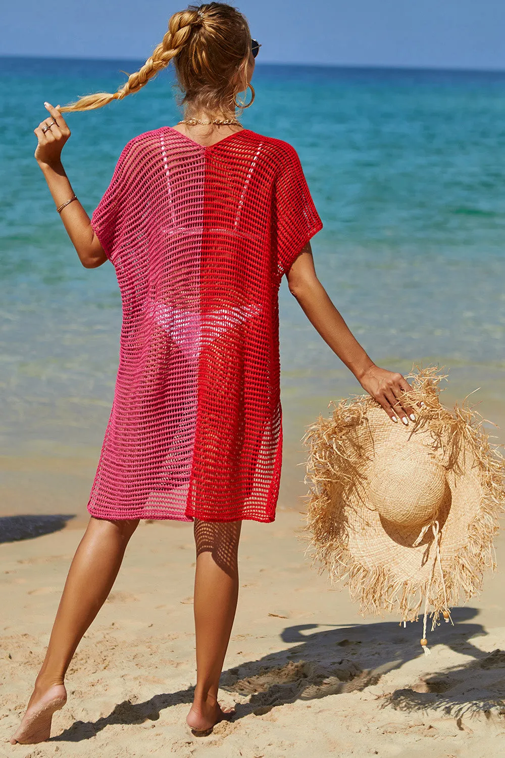 Double Take Openwork Contrast Slit Knit Cover Up (6 Colors)