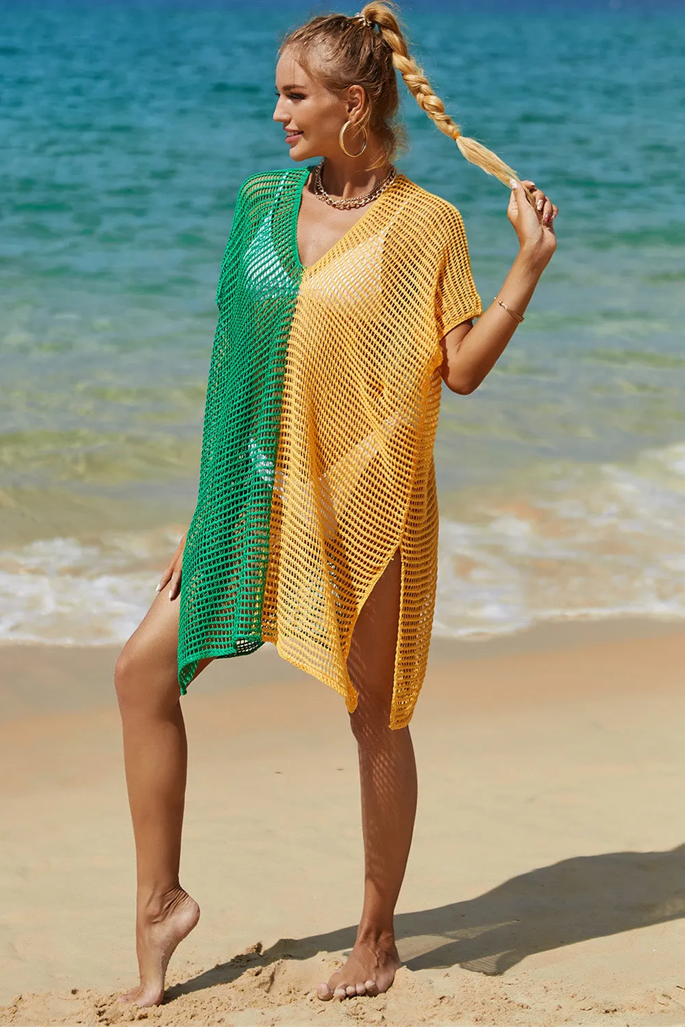 Double Take Openwork Contrast Slit Knit Cover Up (6 Colors)