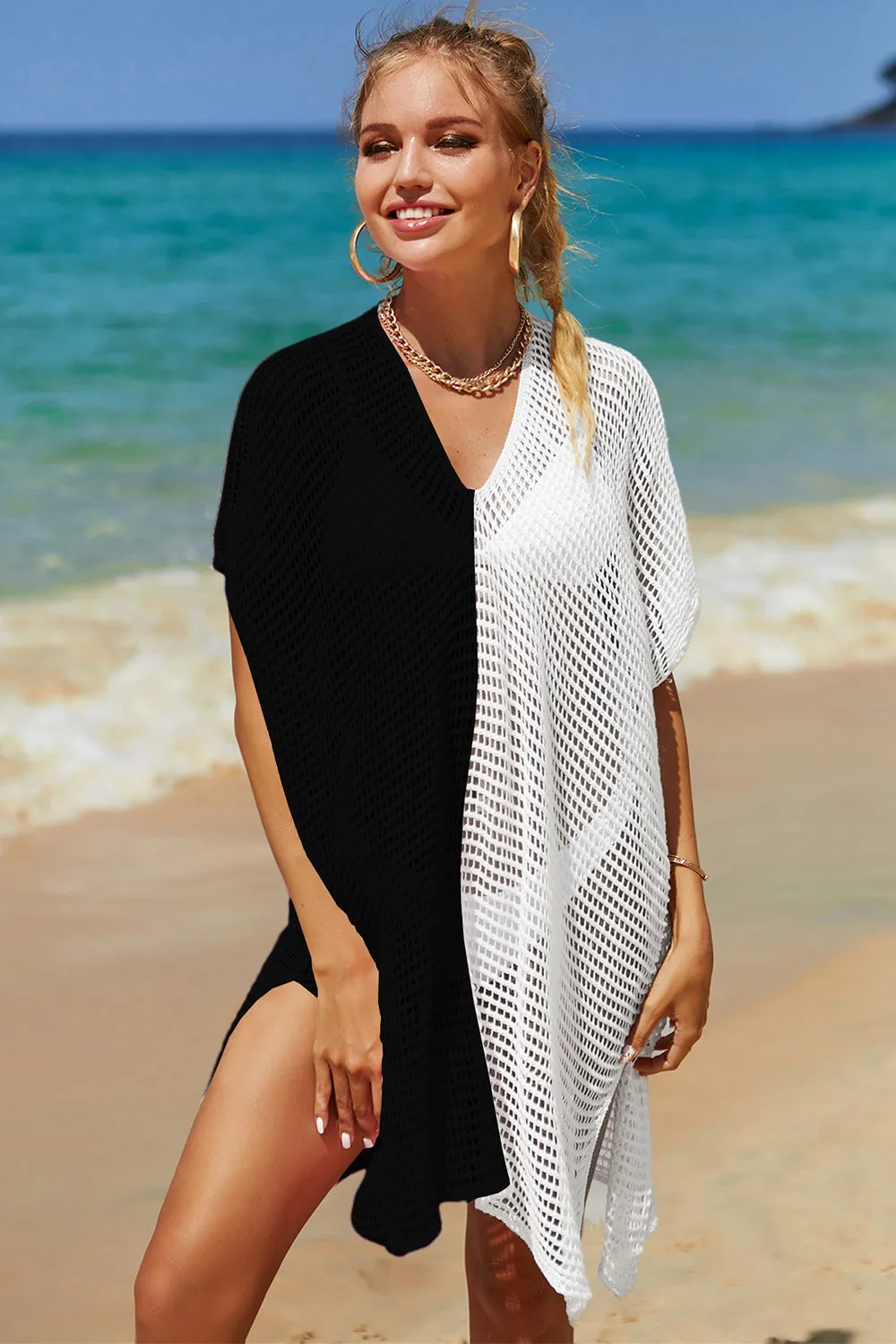 Double Take Openwork Contrast Slit Knit Cover Up (6 Colors)