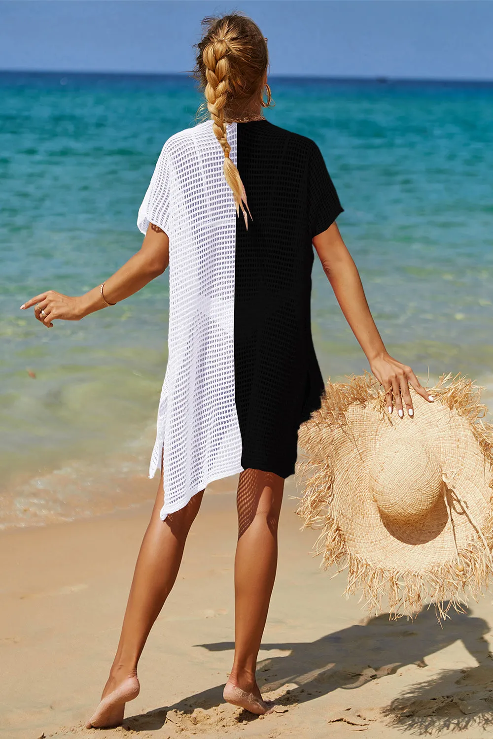 Double Take Openwork Contrast Slit Knit Cover Up (6 Colors)