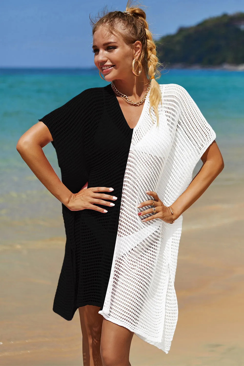 Double Take Openwork Contrast Slit Knit Cover Up (6 Colors)