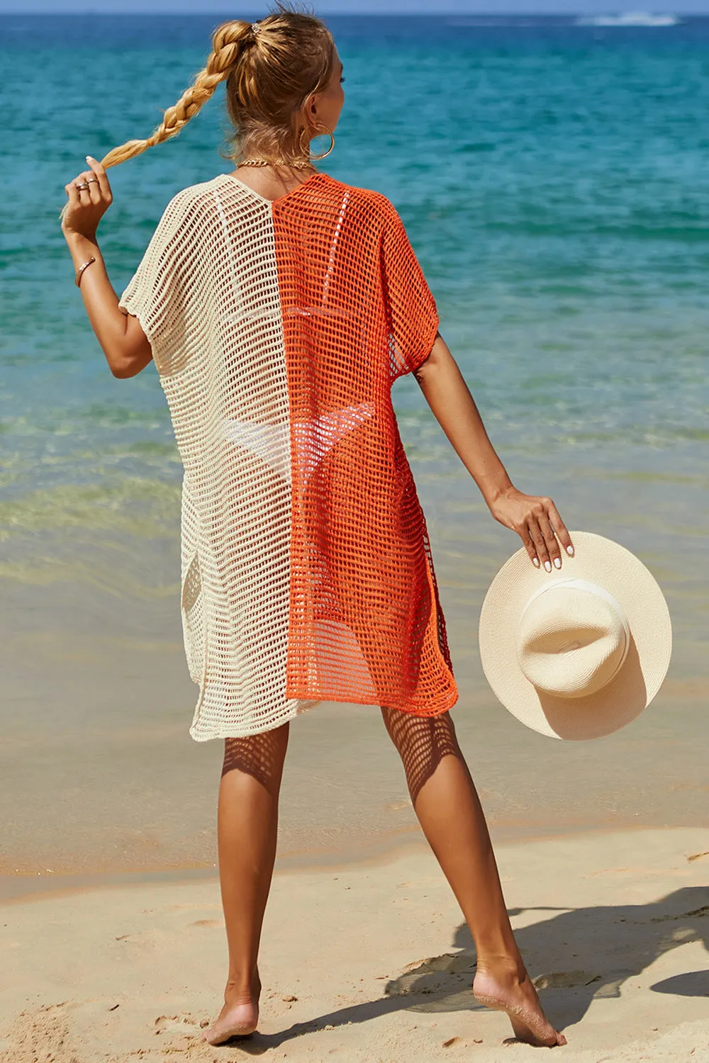Double Take Openwork Contrast Slit Knit Cover Up (6 Colors)