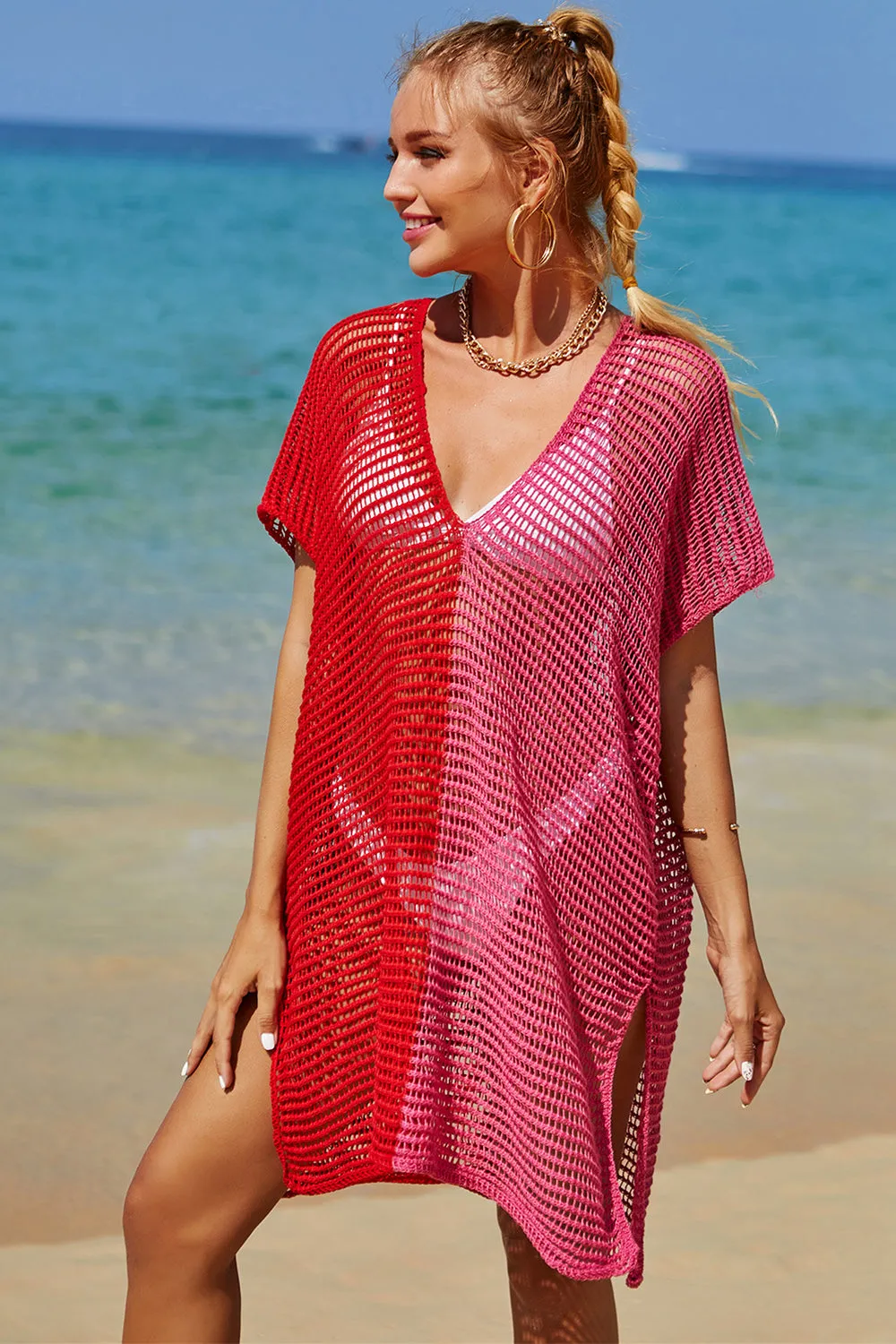 Double Take Openwork Contrast Slit Knit Cover Up (6 Colors)