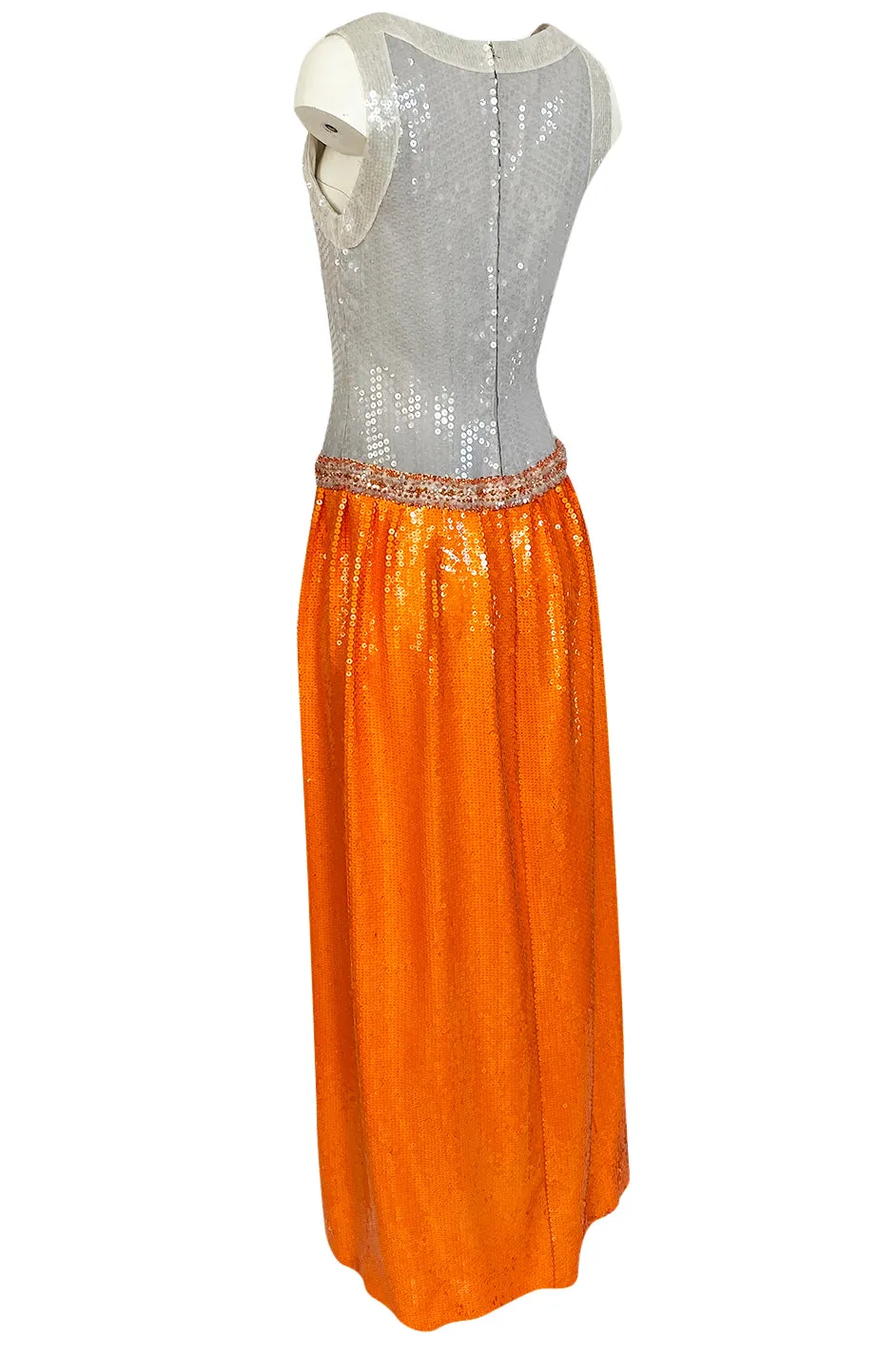 Early 1980s Andre Laug Alta Moda Numbered Couture Grey & Orange Sequin Dress