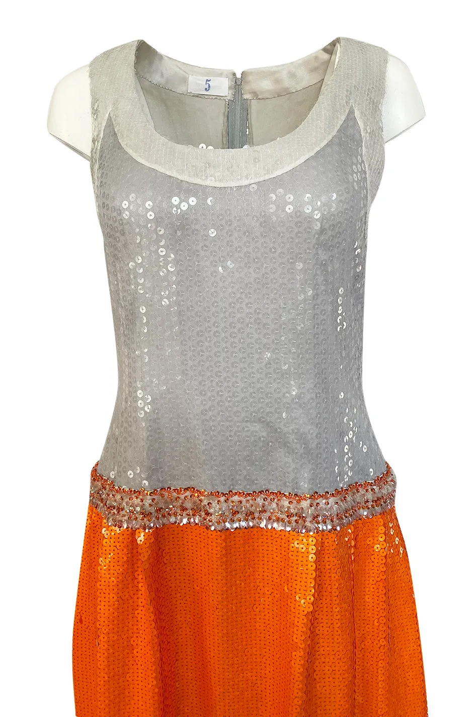 Early 1980s Andre Laug Alta Moda Numbered Couture Grey & Orange Sequin Dress