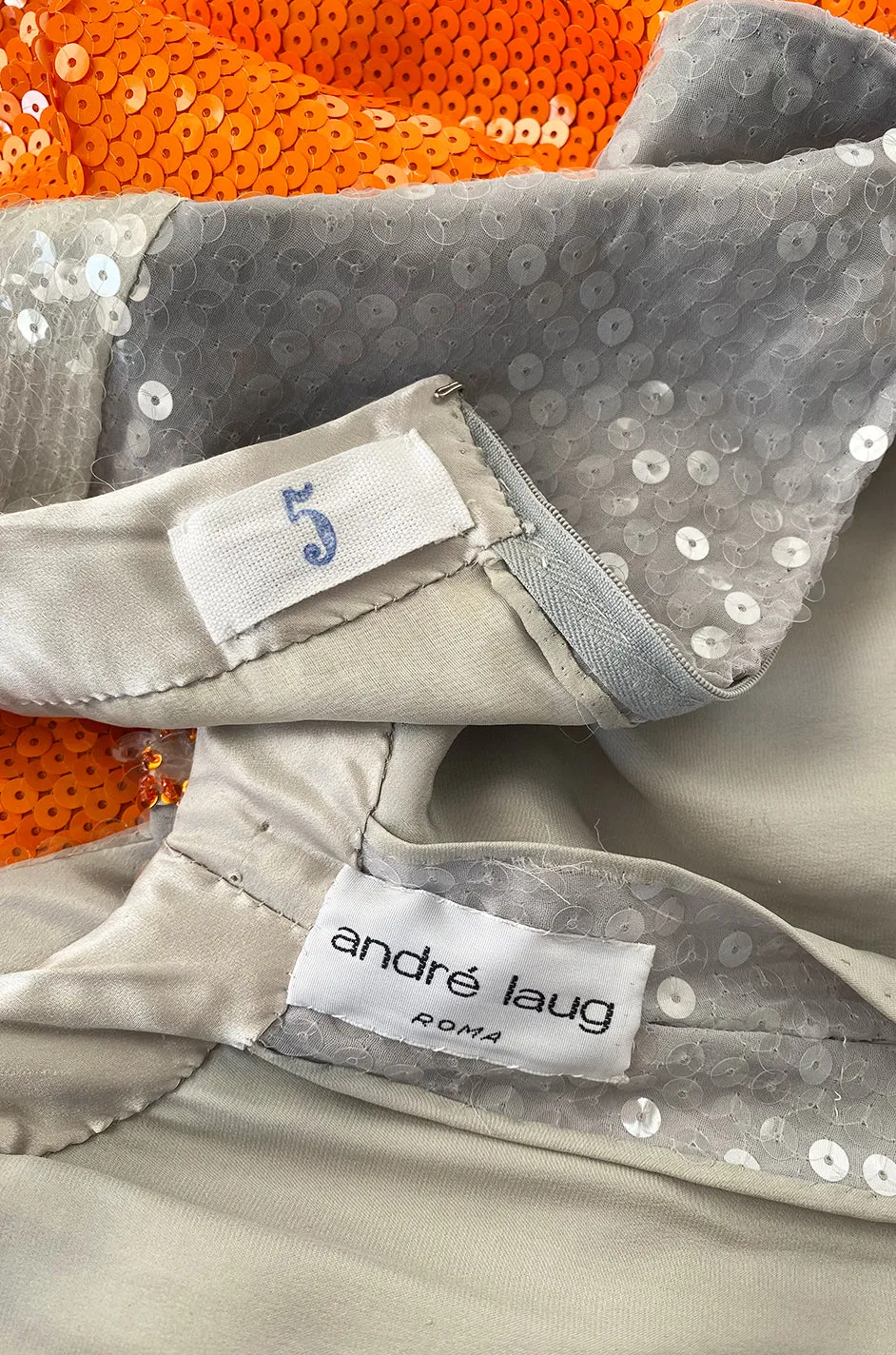 Early 1980s Andre Laug Alta Moda Numbered Couture Grey & Orange Sequin Dress