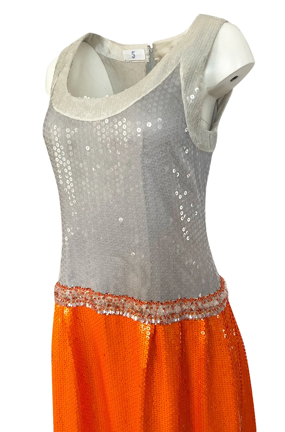 Early 1980s Andre Laug Alta Moda Numbered Couture Grey & Orange Sequin Dress