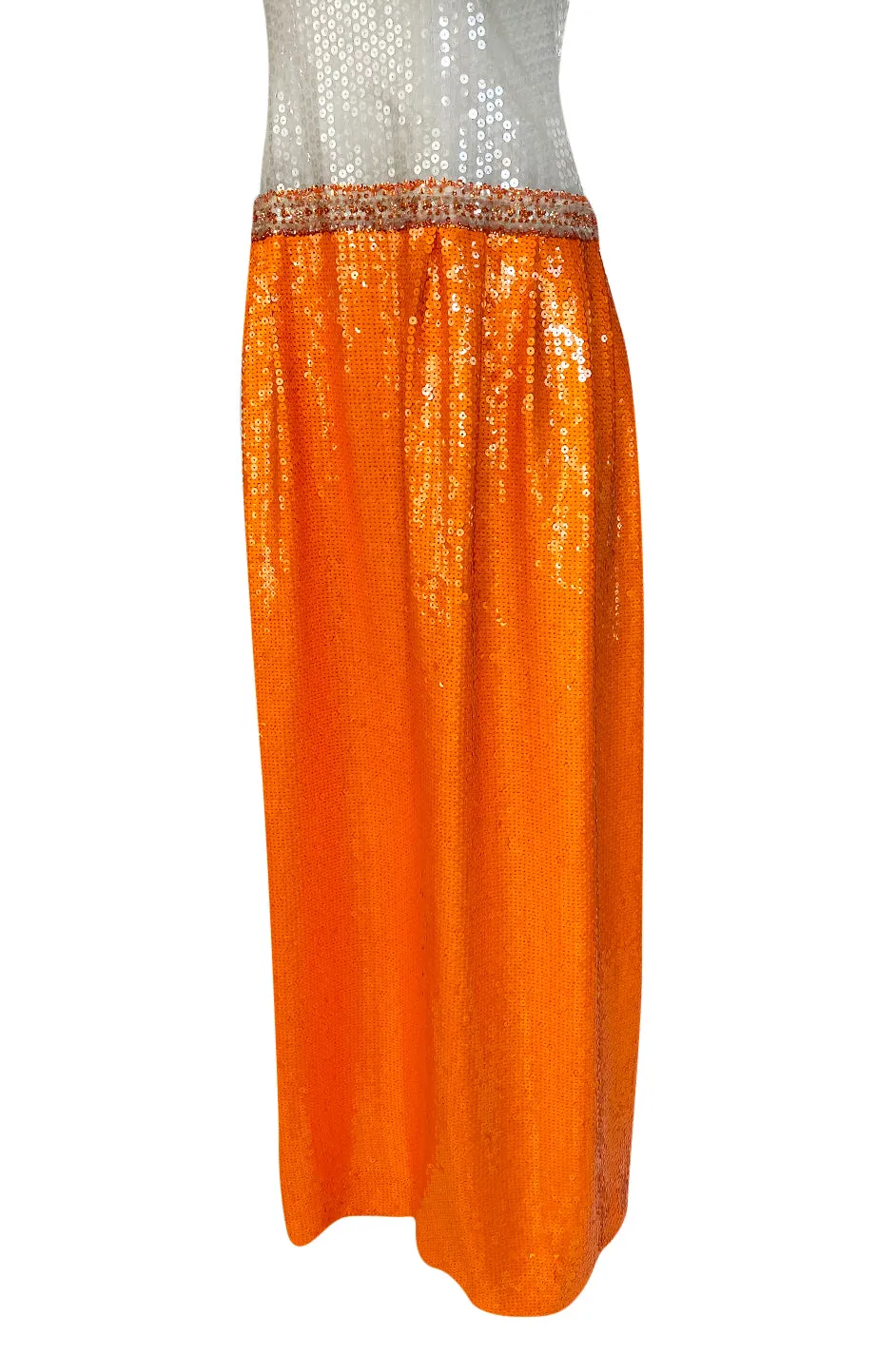 Early 1980s Andre Laug Alta Moda Numbered Couture Grey & Orange Sequin Dress